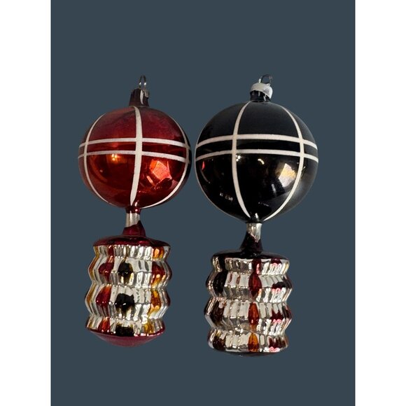 Germany Other - 2 Vintage German Glass Hot Air Balloon Ornaments Red Black Silver Ribbed 4.5"
